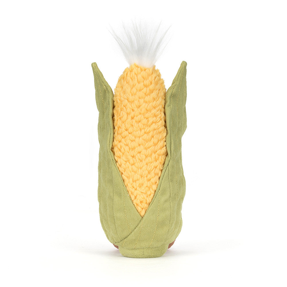 Jellycat sweetcorn back view with husk detail on white background