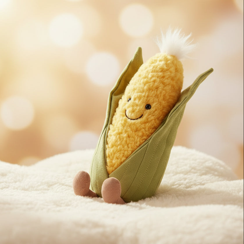 Jellycat Amuseables Sweetcorn plush on blanket with warm bokeh background
