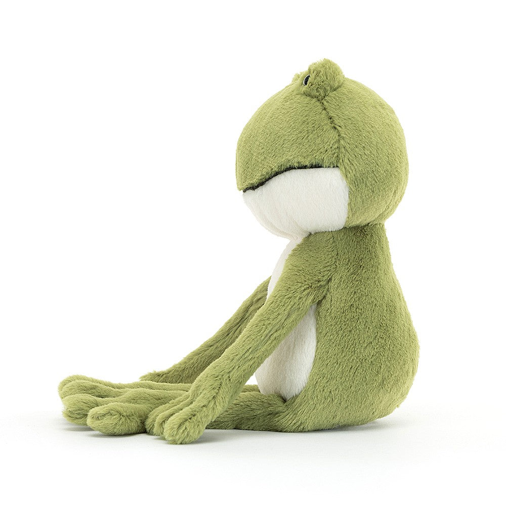 A side view of Jellycat Finnegan Frog.