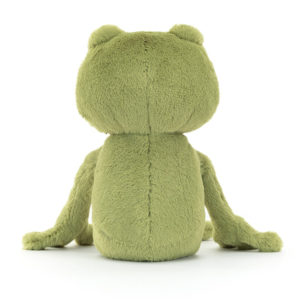 A rear view of Jellycat Finnegan Frog.