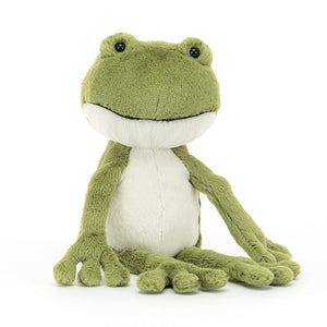 Jelly Finnegan Frog, with cuddly moss green and cream fur, big googly eyes, a wide grin, and long, wobbly legs