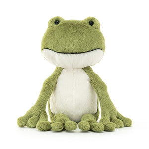 Jelly Finnegan Frog, with cuddly moss green and cream fur, big googly eyes, a wide grin, and long, wobbly legs
