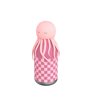 Jellyfish Bestie Bottle with pink silicone jellyfish lid and pink checkerboard print, insulated and reusable water bottle for kids and adults.