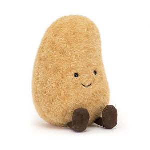 Close-up photo of the Jellycat Amuseable Potato, showcasing its textured golden-brown fur, chipper smile, sturdy bean base, and muddy cord boots.