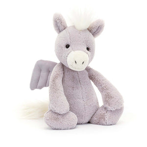 Mystical charm! See the details of Jellycat's Bashful Pegasus – gentle eyes, cream muzzle, and neat wing stitches perfect for enchanting cuddles.