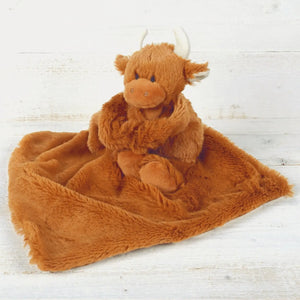 Fluffy plush baby soother with an attached plush highland cow children's toy.