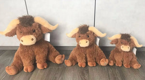 3 Of the larger variety of Jimanda Horned Highland Cow Plush Soft toys for size comparison. 