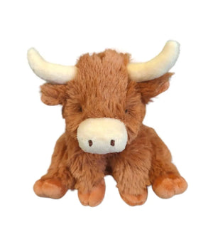 Mini version of the Jomanda Horned Highland Cow Plush soft toy for children.