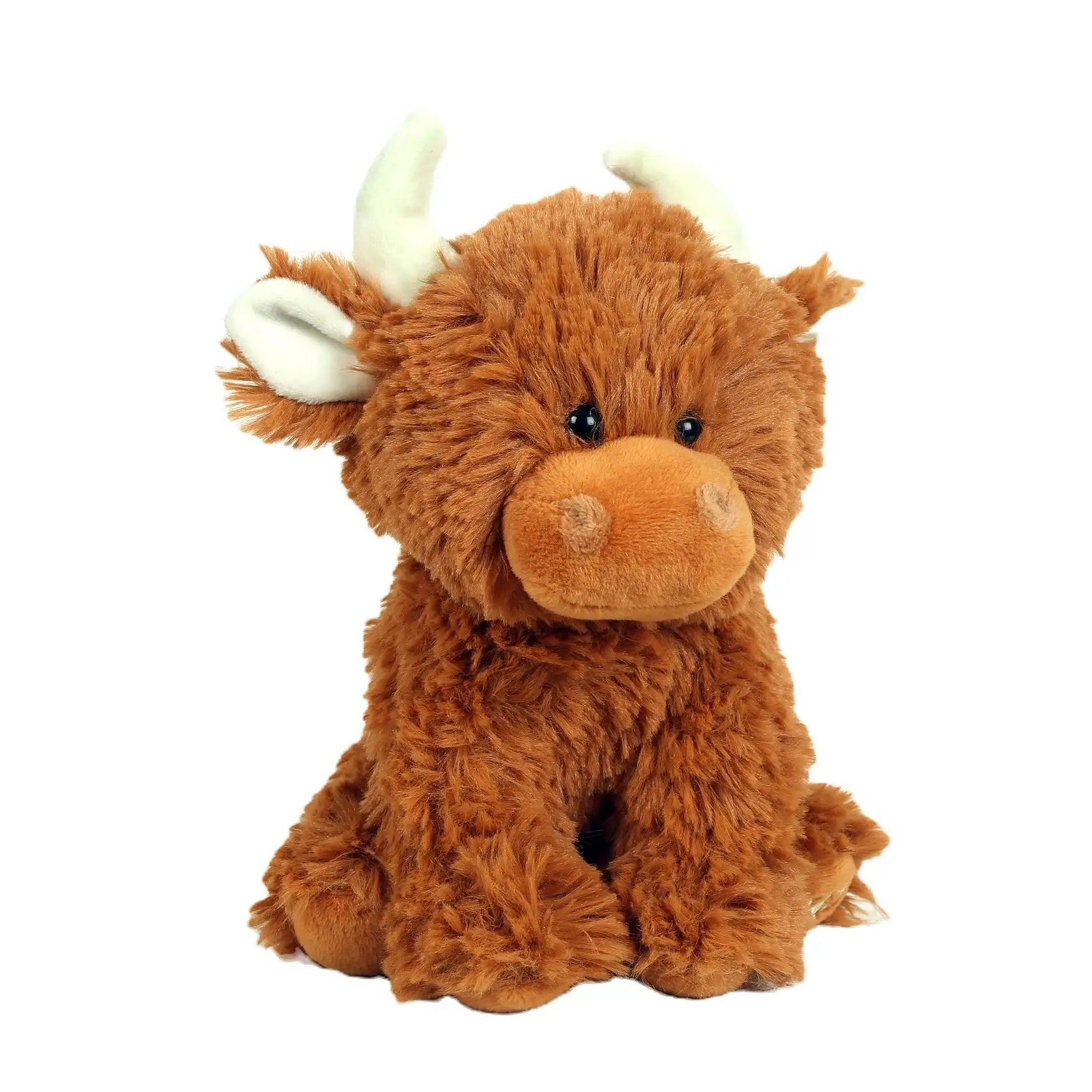 Brown Scottish Highland Cow children's soft toy against a white background. He has tiny little squishy horns on the top of his head.