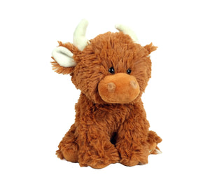 Brown Scottish Highland Cow children's soft toy against a white background. He has tiny little squishy horns on the top of his head.