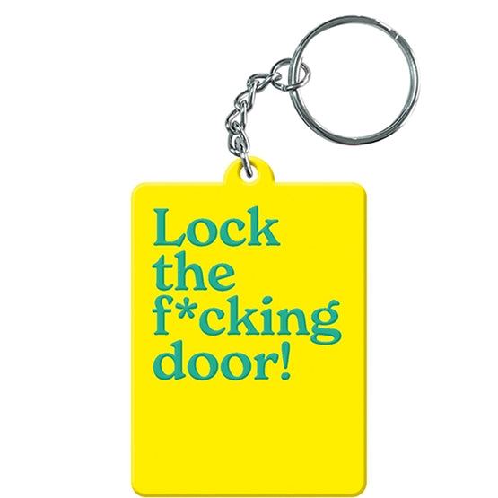 Yellow 'Lock the f*cking door' keyring with silver split ring on white background