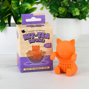 Orange silicone cat-shaped Kit-Tea Infuser with box packaging.