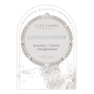 Front view of the Labradorite & Beads Healing Bracelet on a gift card – A delicate 4mm beaded labradorite bracelet with silver accents, displayed on a branded card with an inspiring message about serenity, clarity, and imagination.