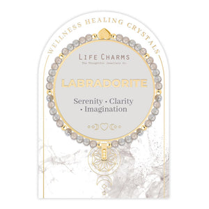 Labradorite & Beads Healing Bracelet in gold packaging – The gold-accented version of the bracelet, packaged with a positive affirmation for mindfulness and clarity.