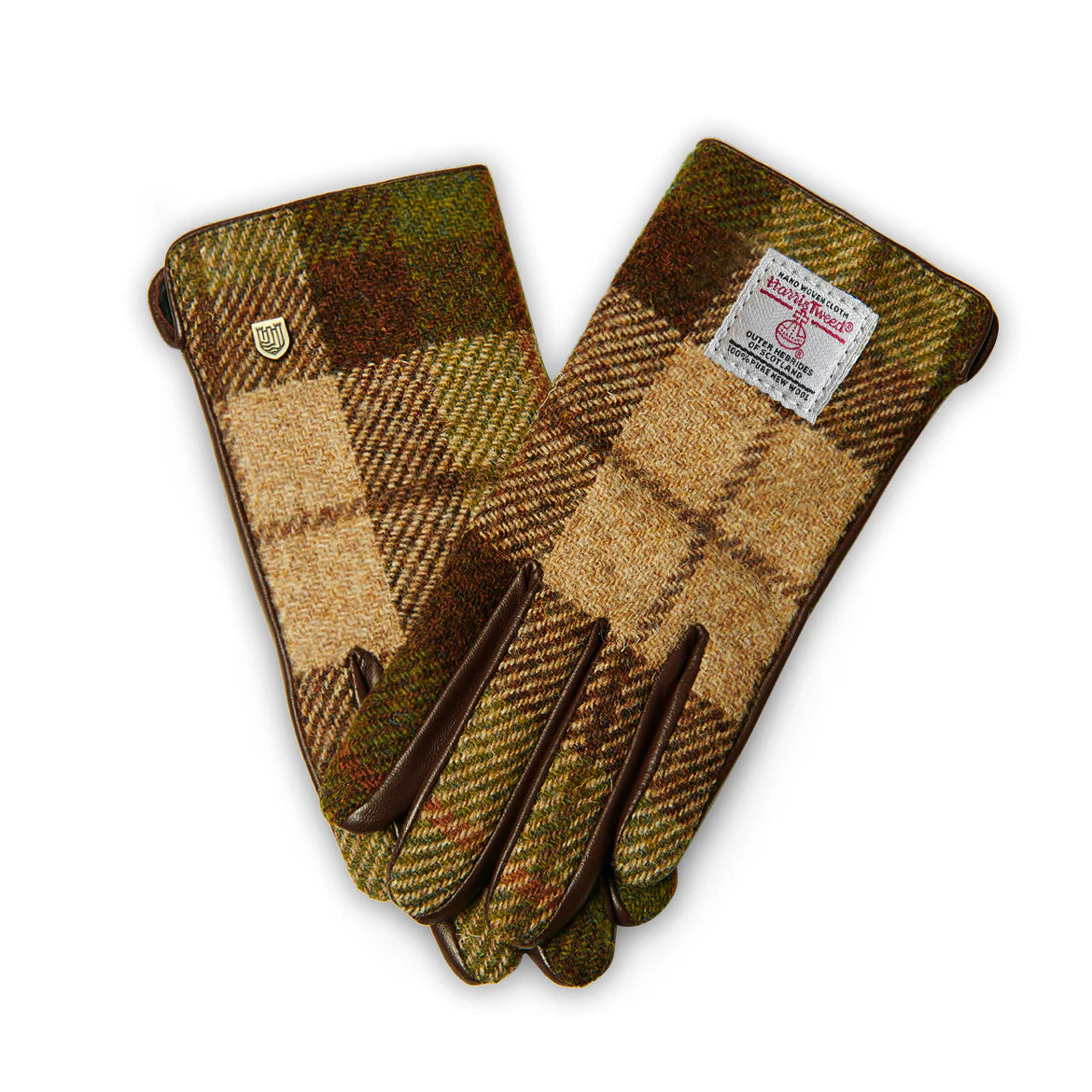 Chestnut tartan Harris Tweed ladies gloves with leather palms on white background