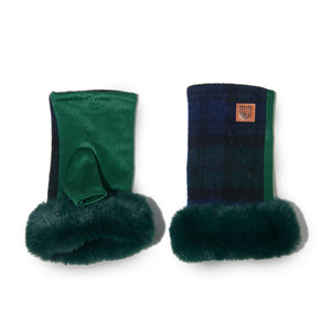 Ladies black watch tartan lambswool mittens with stylish faux fur cuff and a green underside.