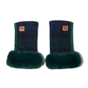 Ladies lambswool mittens in Black Watch Tartan with a faux fur cuff.