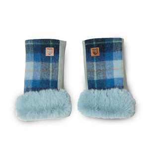 Ladies lambswool mittens in blue tartan with a faux fur cuff.