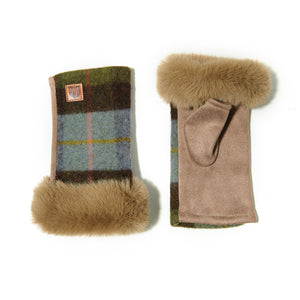 Ladies chestnut & blue tartan lambswool mittens with stylish faux fur cuff and a beige underside.