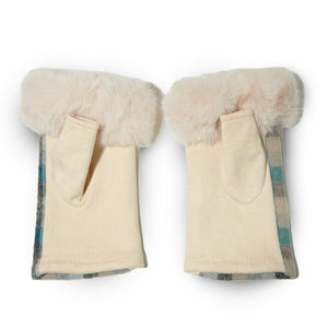 Ladies islander tartan lambswool mittens with stylish faux fur cuff and a cream underside.