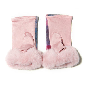 Ladies pink & blue tartan lambswool mittens with stylish faux fur cuff and a pink underside.