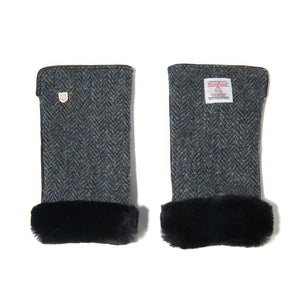 Straight: Luxurious Harris Tweed® & leather Black & Grey Herringbone sheepskin mittens (front view).