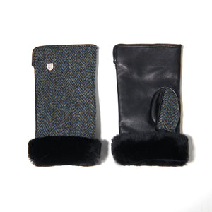 Stylish Harris Tweed®  Black & Grey Herringbone leather mittens with sheepskin cuff. Showing the front and reverse of the mitten.