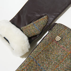 Stylish Harris Tweed®  & chestnut herringbone leather mittens with sheepskin cuff.