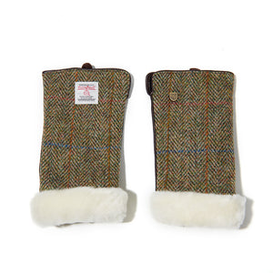 Straight: Luxurious Harris Tweed® & leather Chestnut Herringbone sheepskin mittens (front view).