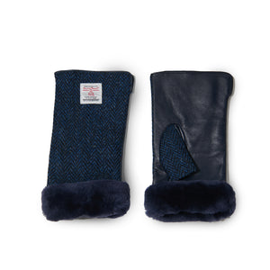 Stylish Harris Tweed® Navy Herringbone leather mittens with sheepskin cuff. Showing the front and reverse of the mitten.