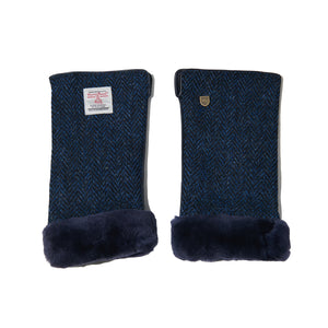 Straight: Luxurious Harris Tweed® & leather Navy Herringbone sheepskin mittens (front view).