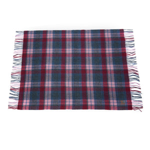 Pink and blue tartan lambswool baby blanket with fringes.