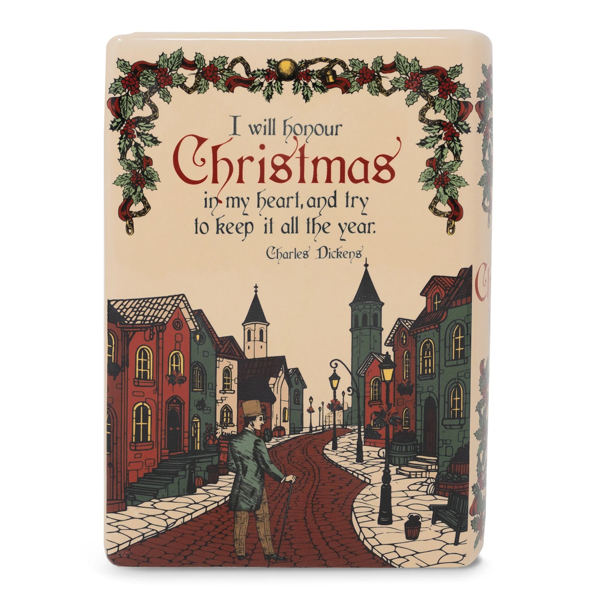 Back view of A Christmas Carol book vase featuring Charles Dickens quote.