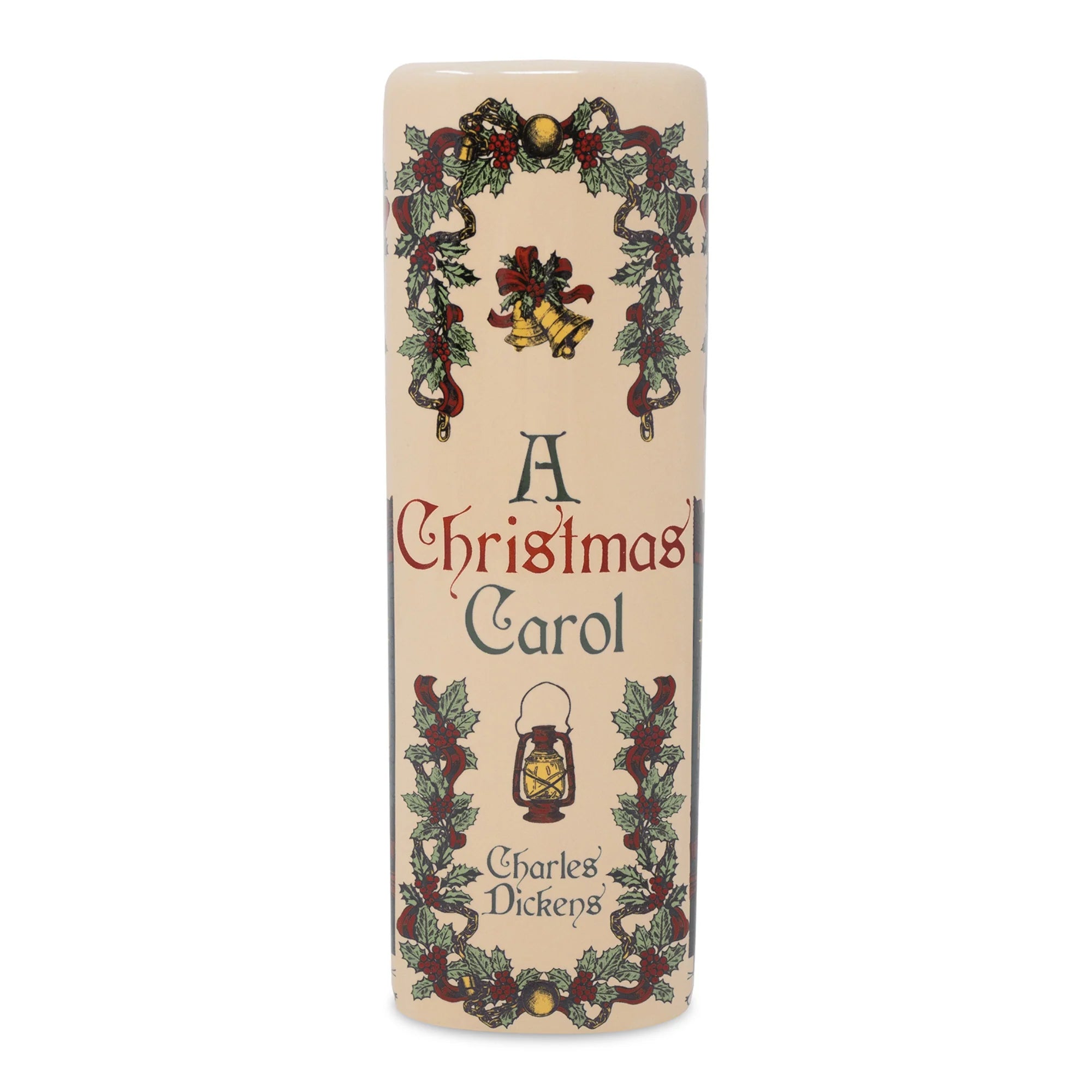 Spine of ceramic A Christmas Carol vase with festive garland and bell design.