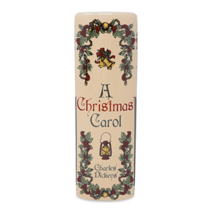 Spine of ceramic A Christmas Carol vase with festive garland and bell design.