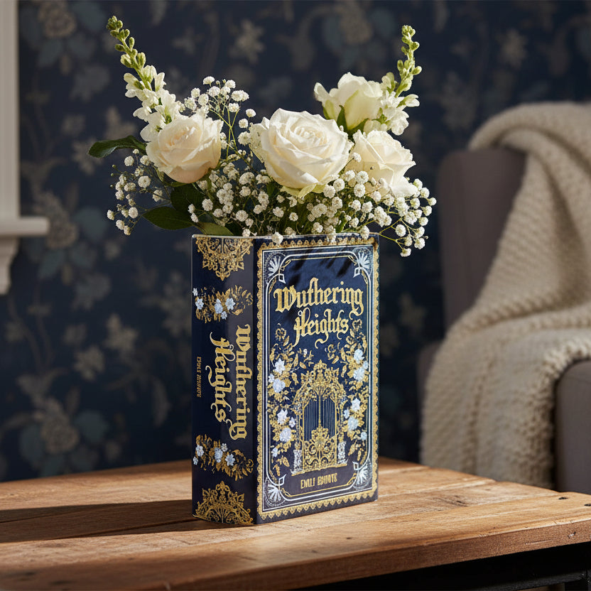 Wuthering Heights book-shaped vase in navy with gold detailing front view