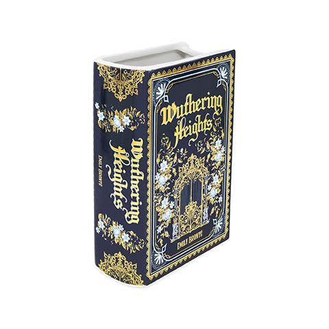 Wuthering Heights book vase angled view showing ornate gold border design