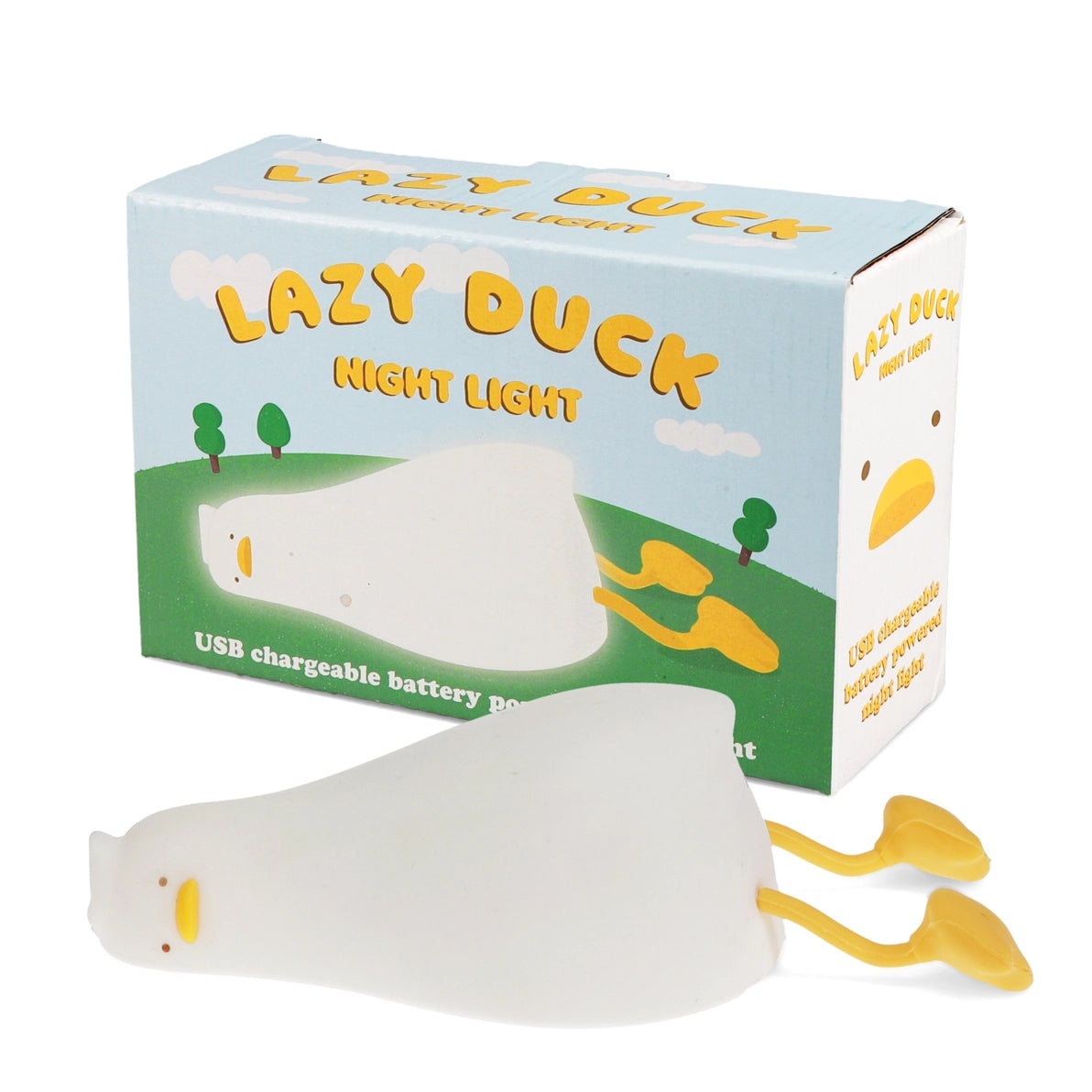 Lazy Duck rechargeable night light lying flat with yellow beak and feet.