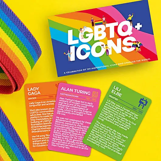 LGBTQ+ Icons card set with rainbow box and character illustrations.