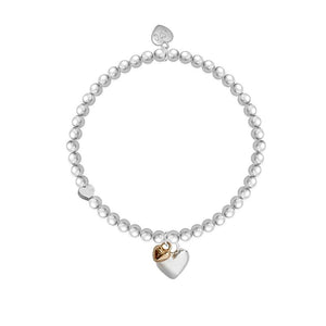 Close-up of the Life Charms Marvellous Mum Hearts Bracelet featuring pure silver-plated beads and a rose gold-plated heart charm.