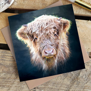 Little Highlander Highland Cow Blank Greetings Card featuring a realistic portrait of a Highland cow, printed on premium textured board with a recycled kraft envelope.