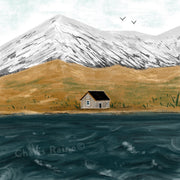 Loch Lomond giclée print featuring a bothy by the water with snowy mountains behind.