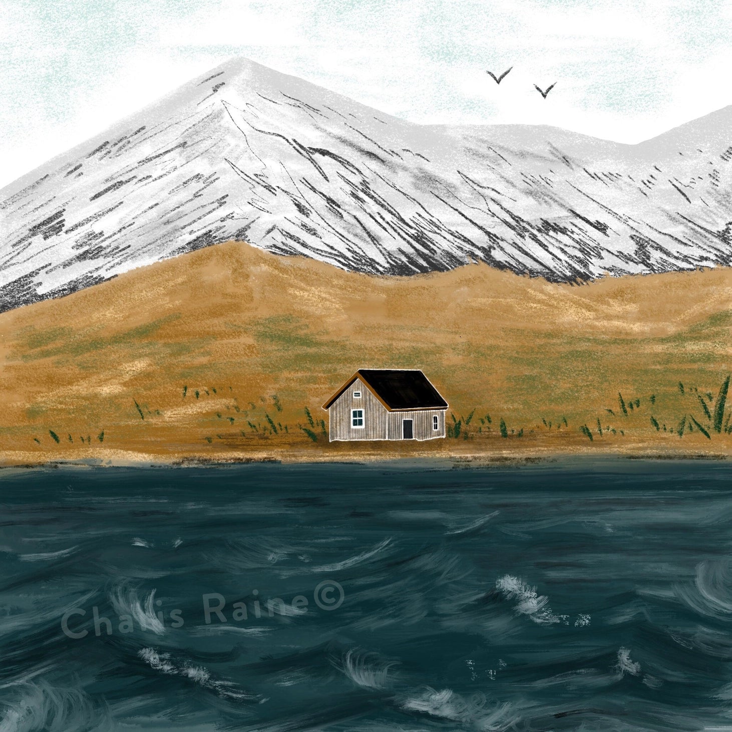 Loch Lomond giclée print featuring a bothy by the water with snowy mountains behind.