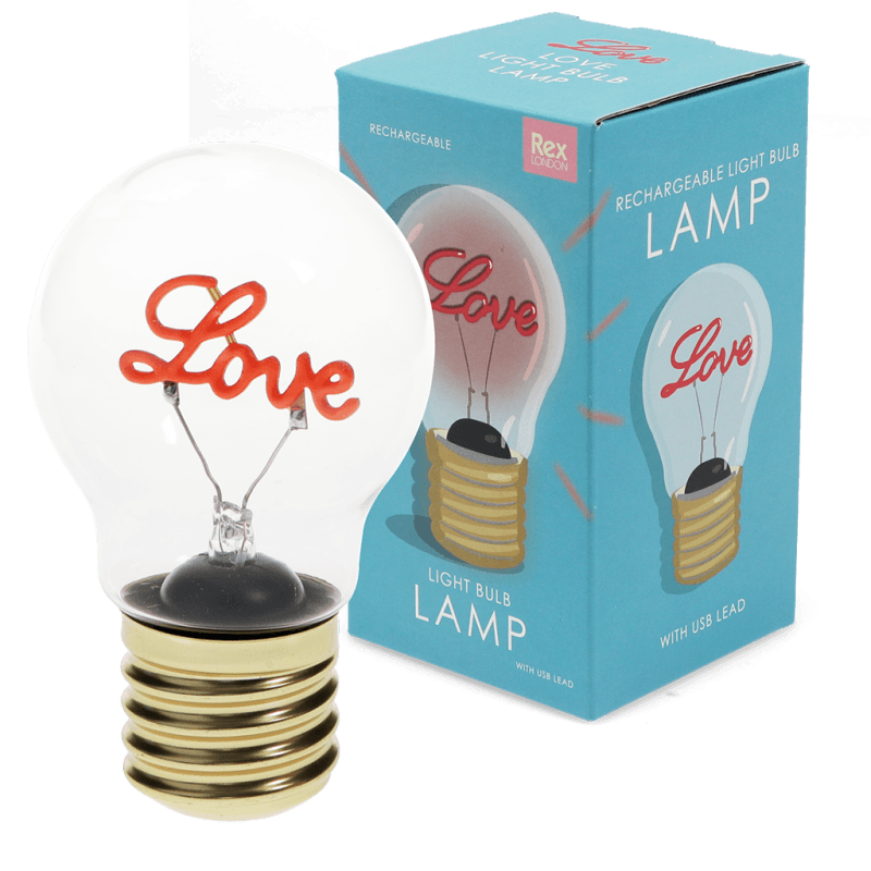 Love rechargeable bulb lamp unlit beside blue packaging box