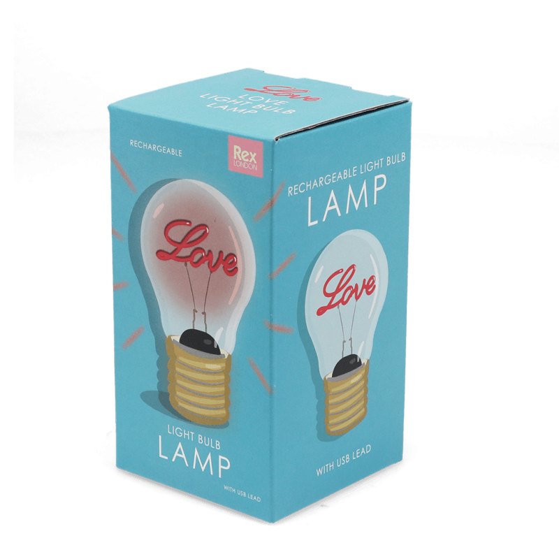 Love light bulb lamp packaging box angled view on transparent background