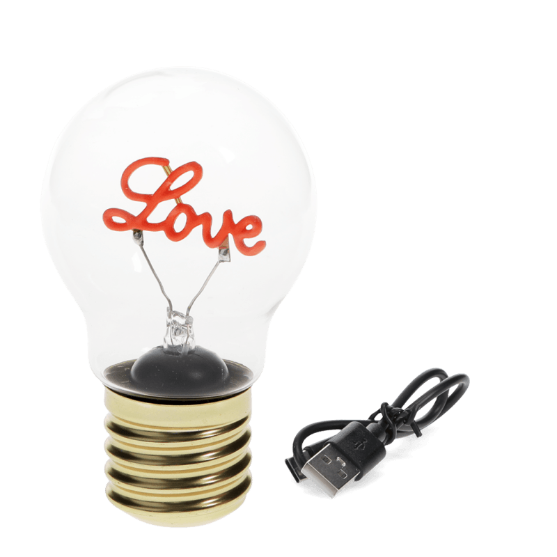 Love light bulb lamp unlit with included USB-C charging cable