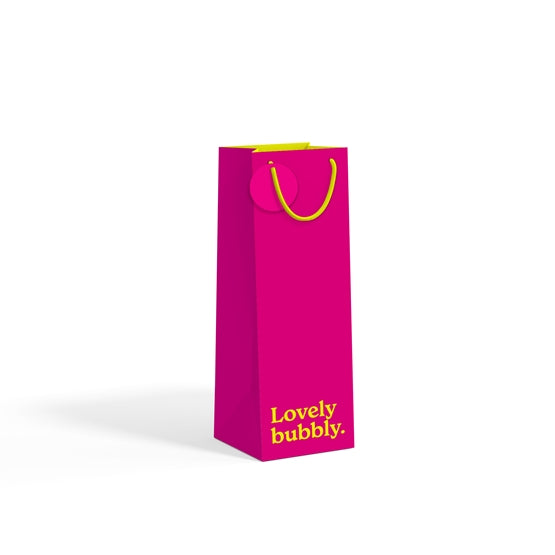 Pink bottle gift bag with yellow text on white background