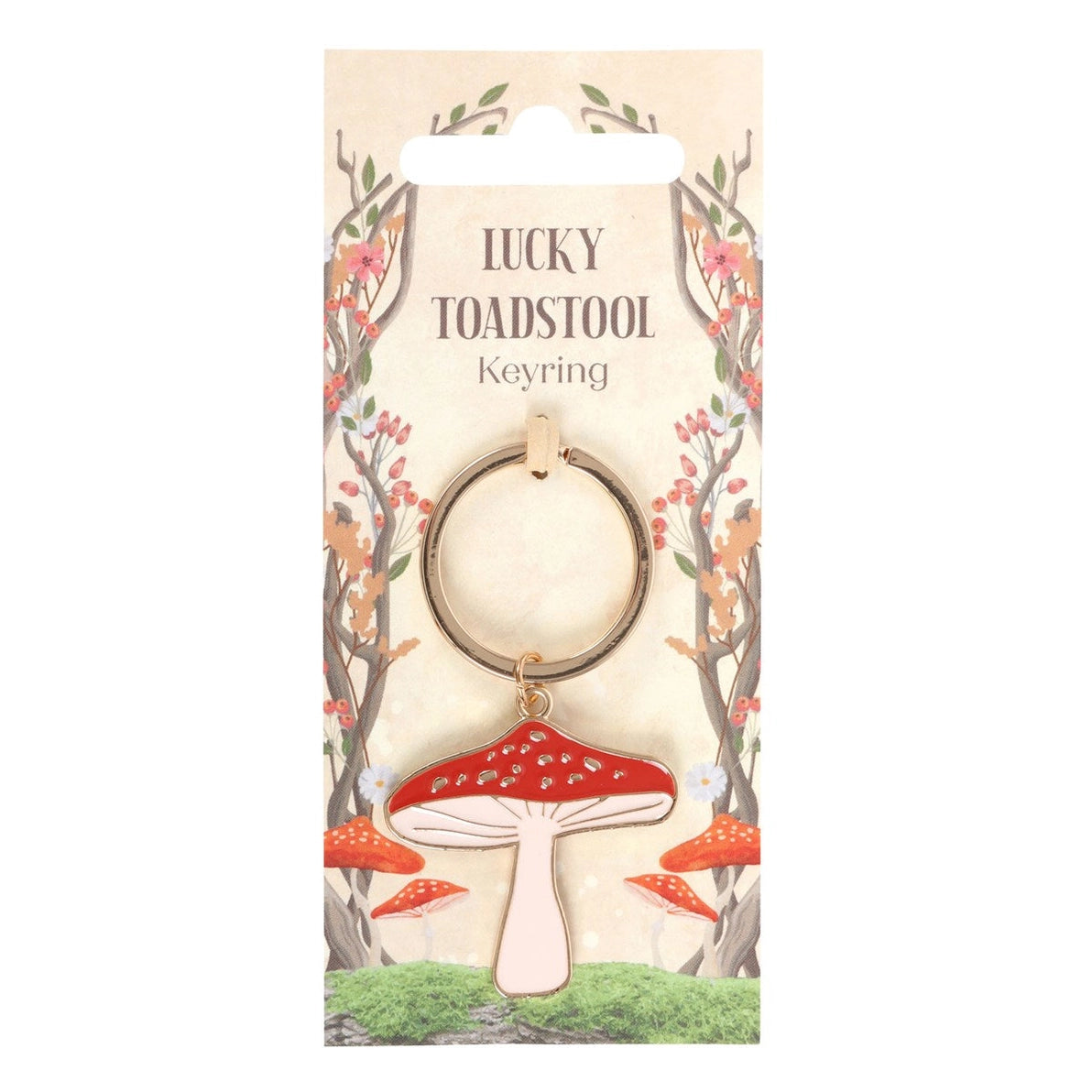 Lucky Toadstool Keyring on illustrated woodland backing card with red mushrooms.