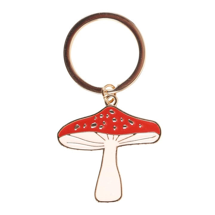Front view of enamel toadstool keyring with red top and gold-tone finish.