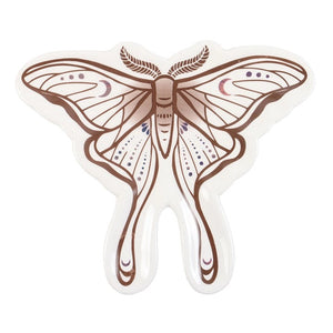 Top view of Luna Moth ceramic trinket dish featuring elegant brown and blush moth illustration on white background.
